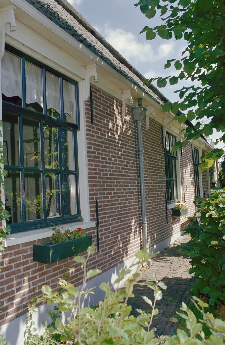 De zijgevel van een oud bakstenen huis in Twisk met groen geschilderde houten schuifvensters, witte kozijnen en bloembakken in de zon